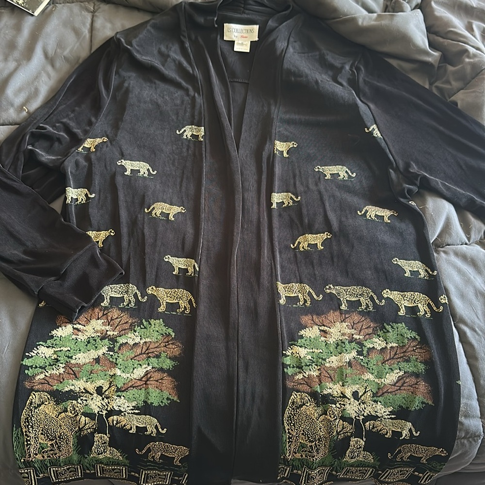 LS Collections by Sunu Black Animal Print Open Cardigan Style Sweater